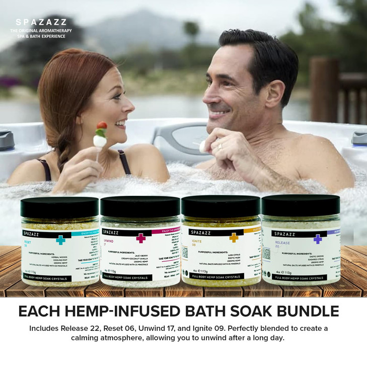 Spazazz Hot Tub Aromatherapy Full Body Hemp Soak Collection Sampler Pack - 4oz 1000 mg Hemp Spa Aromatherapy Hot Tub Bath Salt Crystals 4 Pack: Relea