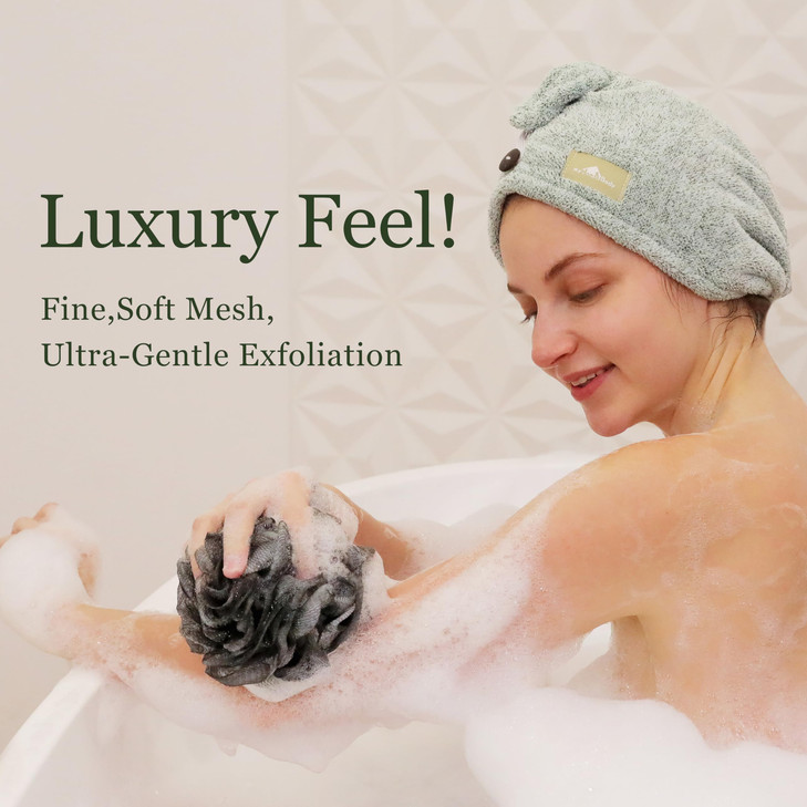 myHomeBody Large 70g Loofah Sponge, Bath Body Scrubber for Women, Men, Exfoliating Shower Pouf with Activated Charcoal - 2 Graphite Gray + 1 Sage Gre