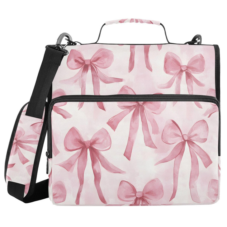 Watercolor Pink Bow Zipper Binder 3 Ring Binder with Shoulder Strap 500 Sheet Capacity Storage Organizer File Folder