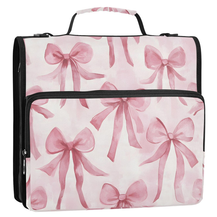 Watercolor Pink Bow Zipper Binder 3 Ring Binder with Shoulder Strap 500 Sheet Capacity Storage Organizer File Folder