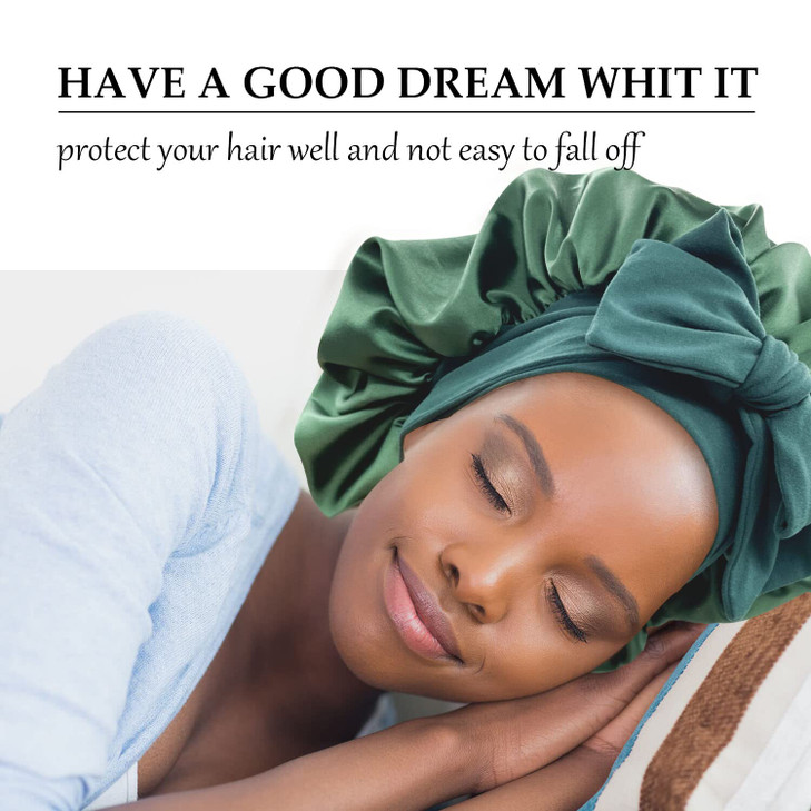 Satin Silk Hair Bonnet for Sleeping - Large Bonnets With Tie Band, Adjustable Straps, Night Sleep Cap for Women With Curly Braid Hair - Hunter Green