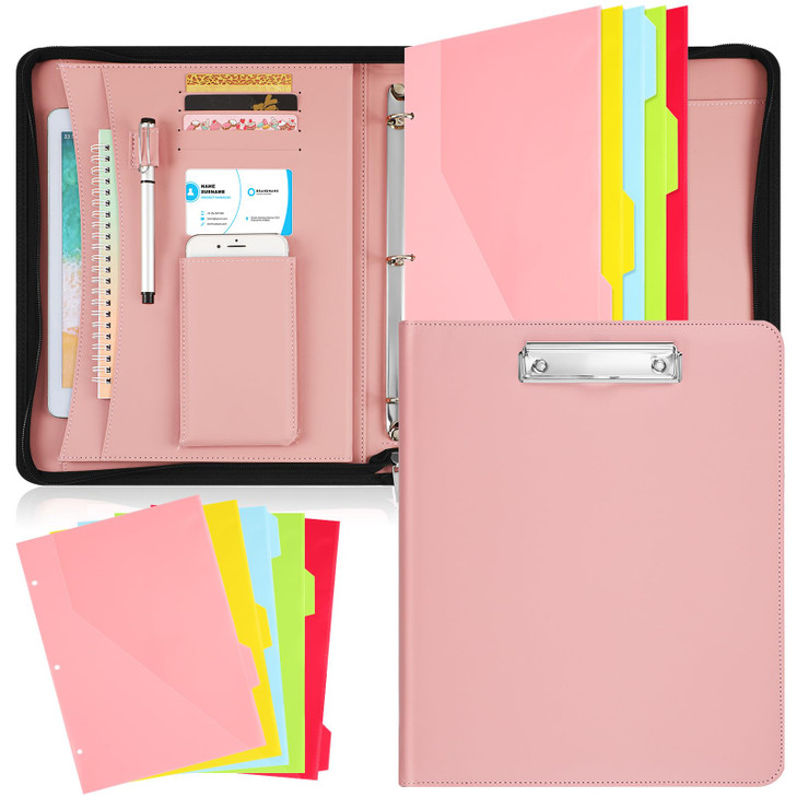 Gilprop Portfolio Binder Padfolio for Women Men Organizer with Zipper Leather Portfolio with 3 Ring Binder and 5 Folder Divider Pages for Tablet, Res