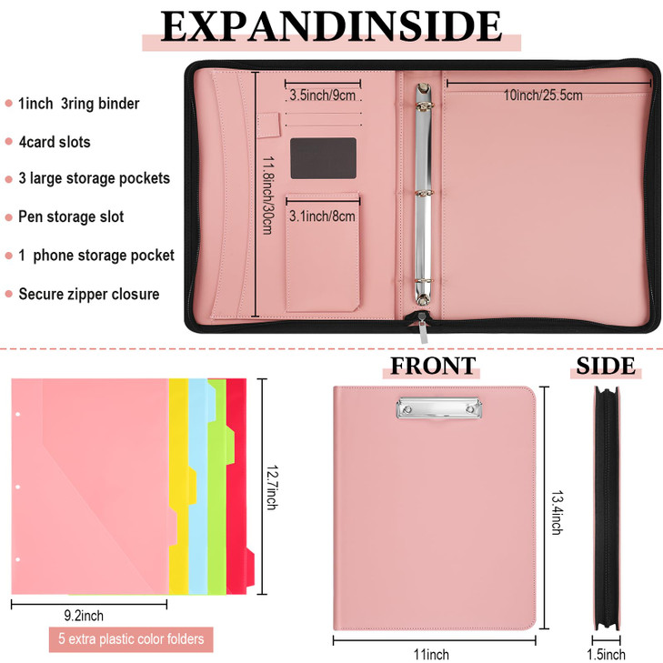 Gilprop Portfolio Binder Padfolio for Women Men Organizer with Zipper Leather Portfolio with 3 Ring Binder and 5 Folder Divider Pages for Tablet, Res