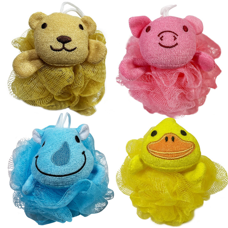 Bleu Bath (4 Pack) Lovely Animal Design Kids Exfoliating Bath Scrubber Body Scrubber Shower Ball for Baby Toddler Kids Gentle Exfoliating Bath Sponge