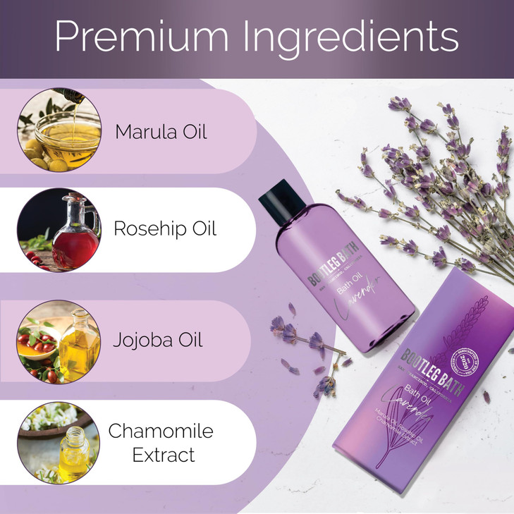 BOOTLEG BATH - Lavender Bath Oil with Marula, Rosehip, and Jojoba Oils, Chamomile Extract, and 100% Pure Natural Essential Oil, Great Stocking Stuffe