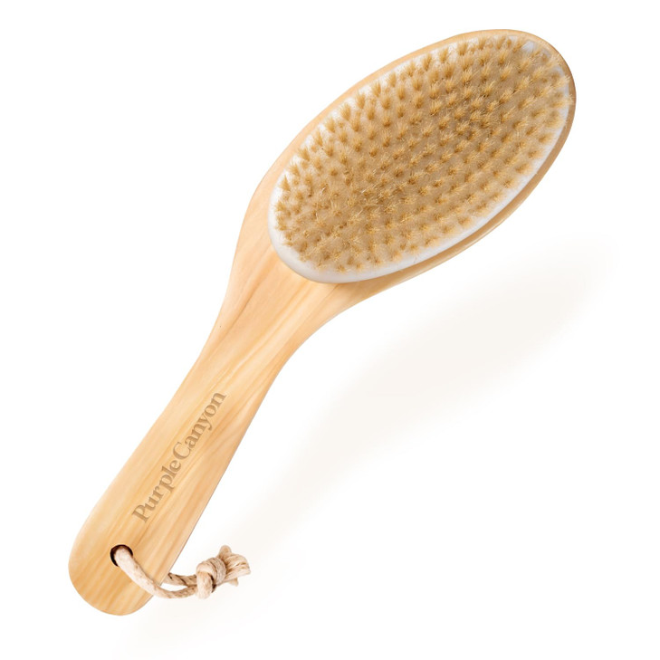 Purple Canyon Body Brush  Natural Boar Bristle Dry Brush for Exfoliating, Lymphatic Drainage, Cellulite Appearance, and Circulation  Curved Wooden