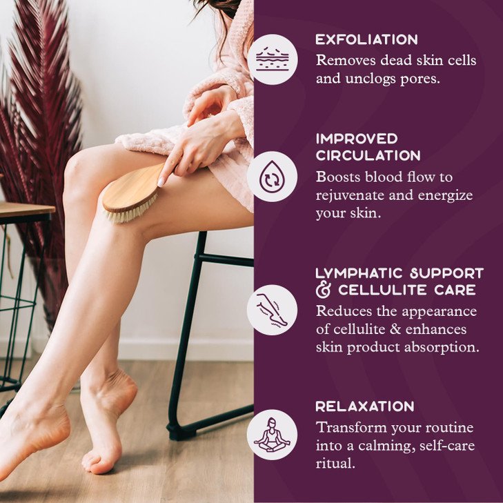 Purple Canyon Body Brush  Natural Boar Bristle Dry Brush for Exfoliating, Lymphatic Drainage, Cellulite Appearance, and Circulation  Curved Wooden