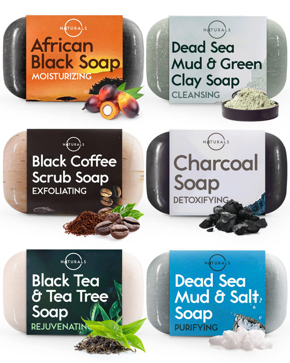 O NATURALS 100% Natural Bar Soap - Gift Set - Organic Ingredients & Essential Oils - Spa Gifts for Women & Men, Body Wash & Face Soap - 6PC Black Soa