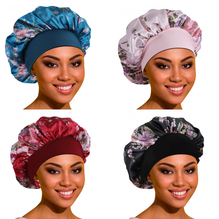 ROYBENS Satin Bonnet Hair Bonnet for Sleeping- 4 Pack Large Bonnets for Women with Elastic Soft Band for Curly Hair Braids