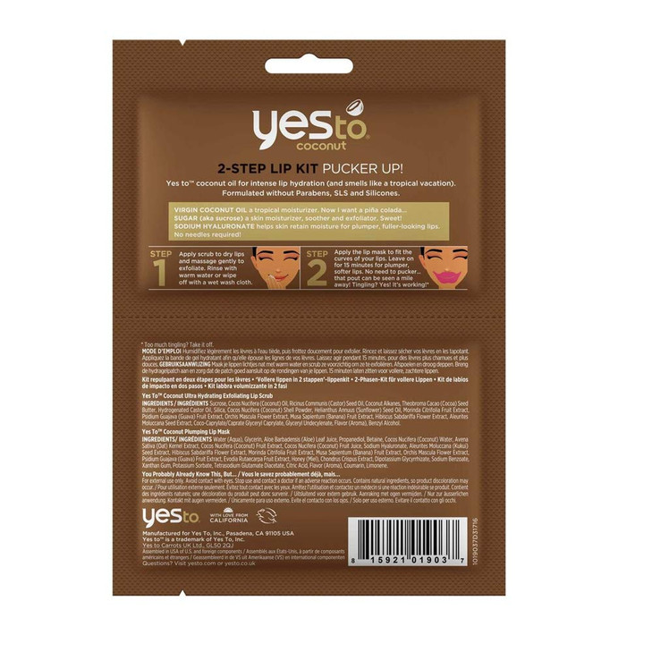 Yes To Coconut 2-Step Single Use Lip Kit Pucker Up Lip Scrub & Mask - Exfoliates, Hydrates & Scrubs Lips For A Perfect Pout