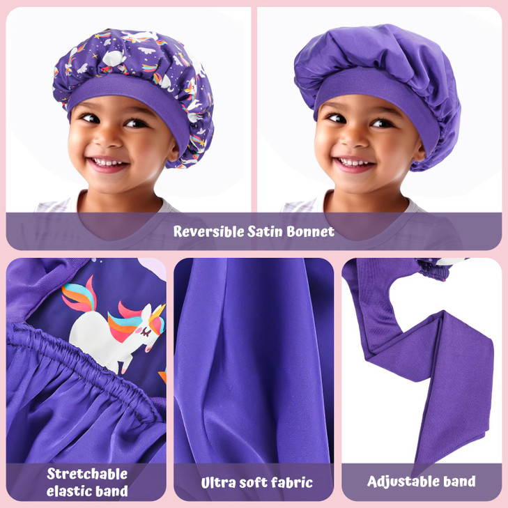 Lolalet 2 PCS Kids Bonnets for Girls, Reversible Silk Bonnet for Sleeping Satin Bonnet Cap with Wide Elastic Band -Purple & Pink