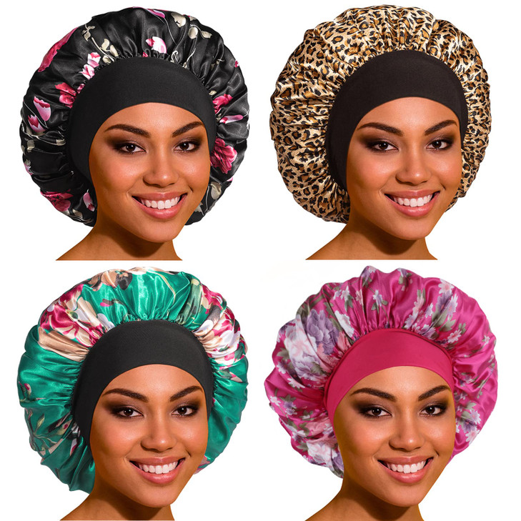 Satin Bonnet Silk Bonnet Hair Bonnet for Sleeping- 4 Pack Sleep Bonnets for Women with Wide Elastic Band for Curly Hair Braids