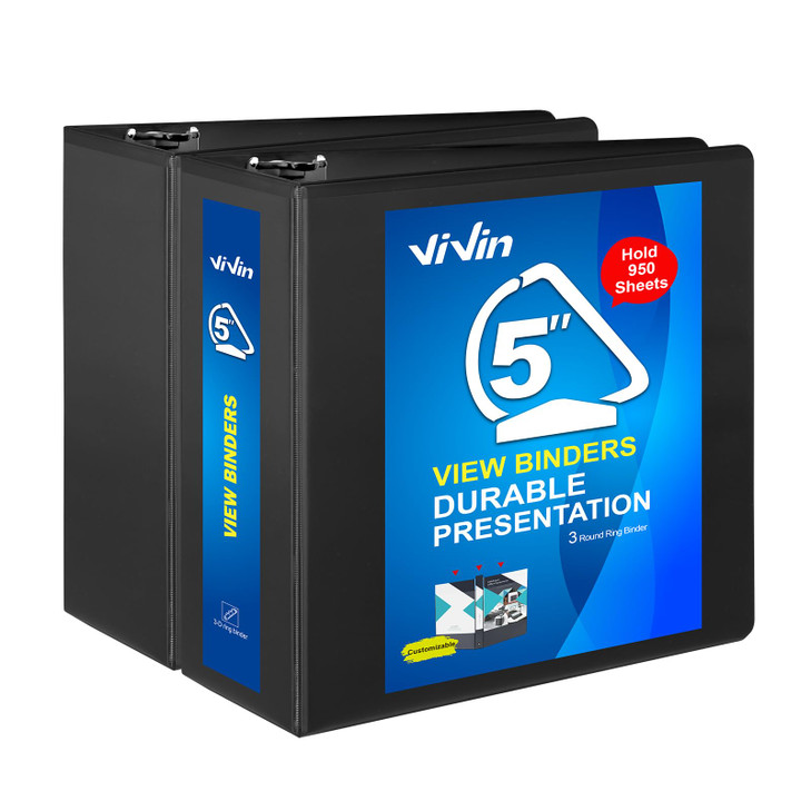 ViVin Durable 5 inch D Ring View Binder, Large 5" Slant-D Ring with 950-Sheet Capacity, Fit 8.5" x 11" Paper, 2 Pack(White)