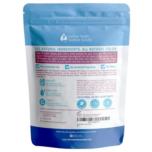 Dry Skin Bath Salt 32 Ounces (2 Lbs) Epsom Salt with Natural Geranium and Lavender Essential Oils Plus Vitamin C in BPA Free Pouch with Easy Press Lo