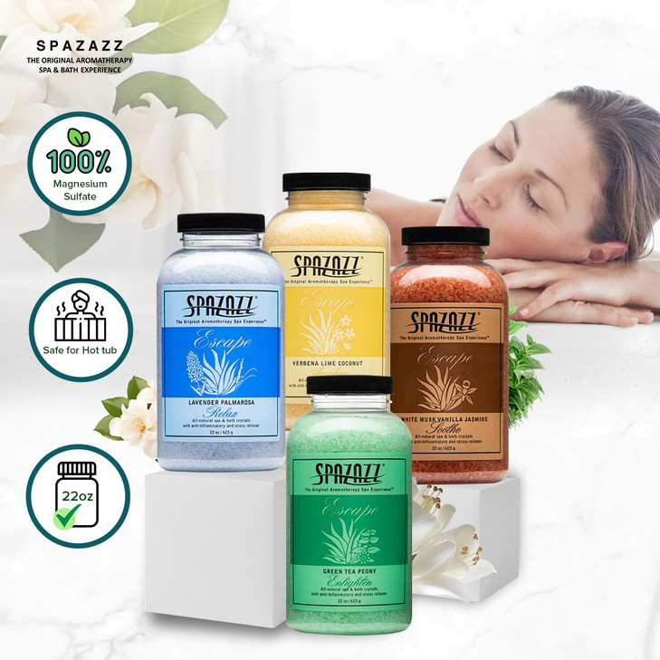 Hot Tub & Spa Bath Salt Aromatherapy Crystals Gift Set - Spazazz Escape Collection Bundle 4-Pack (22oz Each) - Lavender Palmarosa, Verbena Lime Cocon