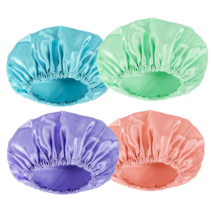 AmazerBath Shower Cap, 4 PCS Shower Caps for Women Reusable Waterproof, Double Layers Hair Cap for Shower, Elastic and Flexi Bath Caps, Environmental