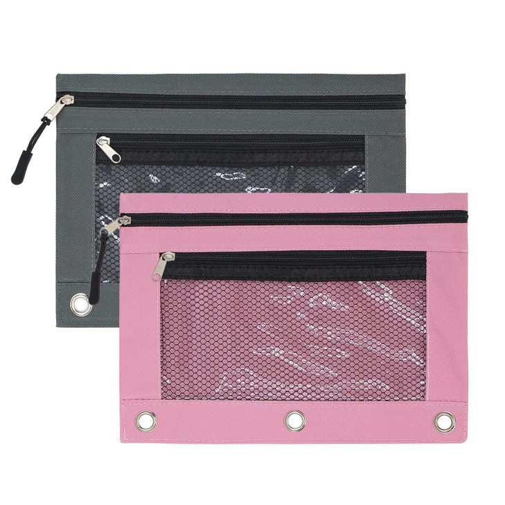 KBD 3 Ring Binder Pencil Pouchs, Zippered Pencil Pouch with Zipper Pulls Double Pocket Pencil Pouch 3 Ring with Clear Window (Grey &Pink 2pack)