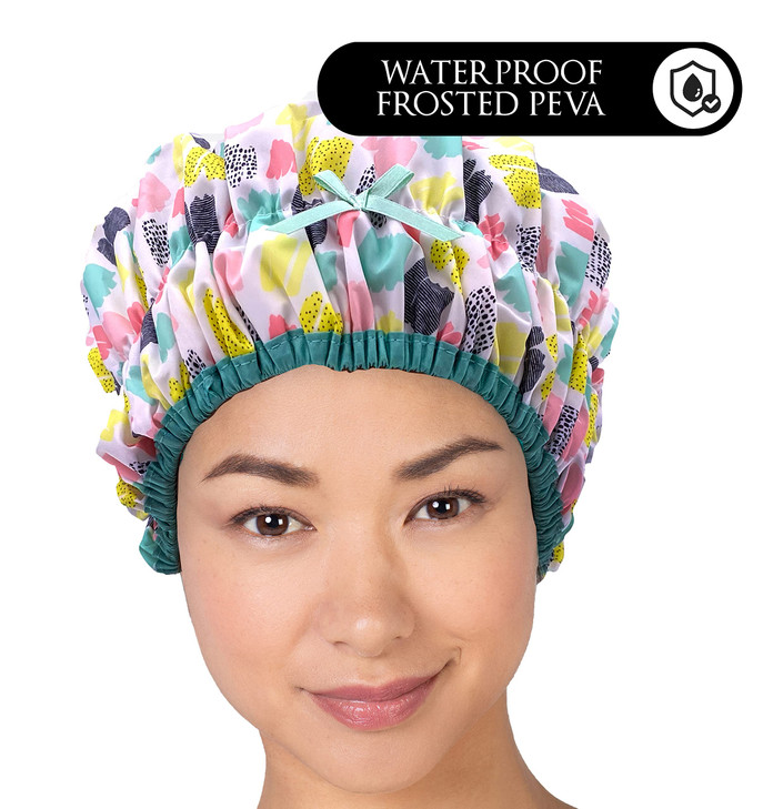 Reusable Shower & Bath Cap & Lined, Oversized Waterproof Shower Caps Large Designed for all Hair Lengths with PEVA Lining & Elastic Band Stretch Hem