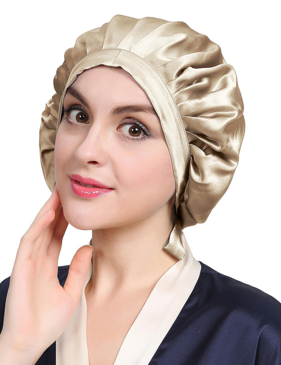 LilySilk 100% Mulberry Silk Bonnet, 19 Momme Silk Night Sleep Cap Adjustable Hair Wrap for Sleeping, Taupe