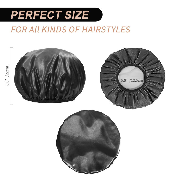 Aquior Shower Cap, Extra Large Shower Cap for Men, Satin EVA Double Layer Waterproof Reusable Hair Cap for Women Long Hair(All Black 4 Pack)