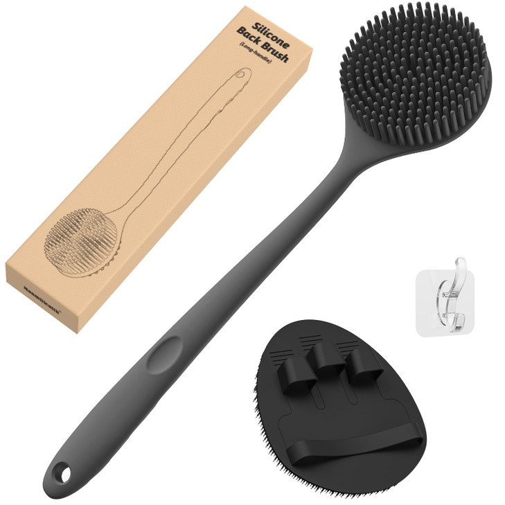 Manmihealth Silicone Back Scrubber(Thick Bristles) & Soft Bath Glove Set, Super-Exfoliating Body Scrubber & Super-Lathering Shower Brush Combination,