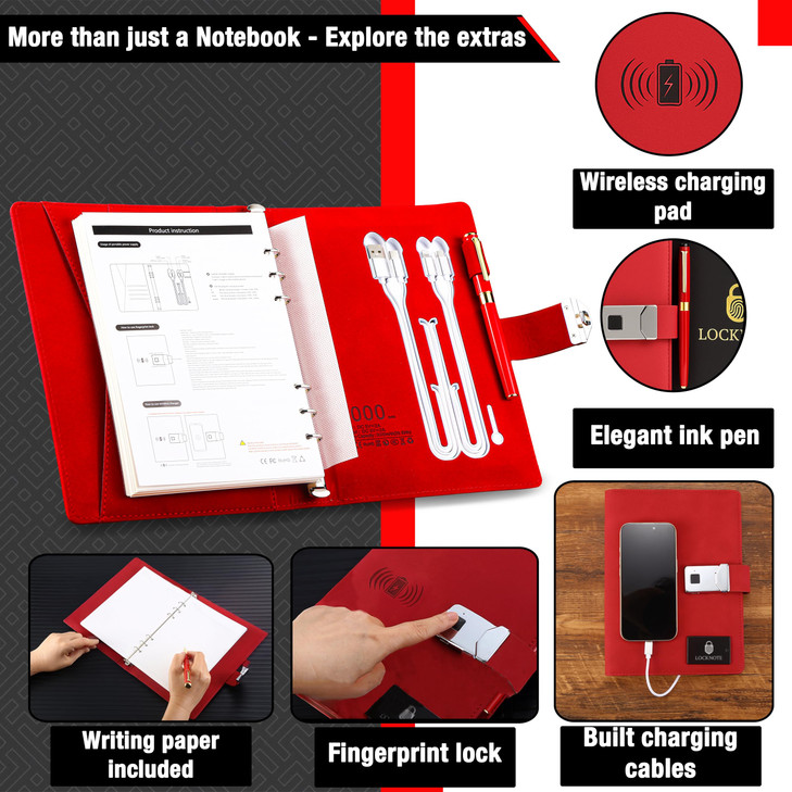 LockNote A5 Business Notebook with Lock  Leather Portfolio Organizer, Fingerprint Security, Wireless Charging 8000mAh Power Bank, Binder with Zipper