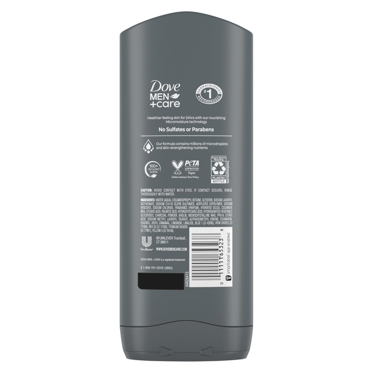 DOVE MEN + CARE Purifying Charcoal + Clay Body and Face Wash with 24-Hour Nourishing Micromoisture Technology Body Wash for Men, 13.5 oz