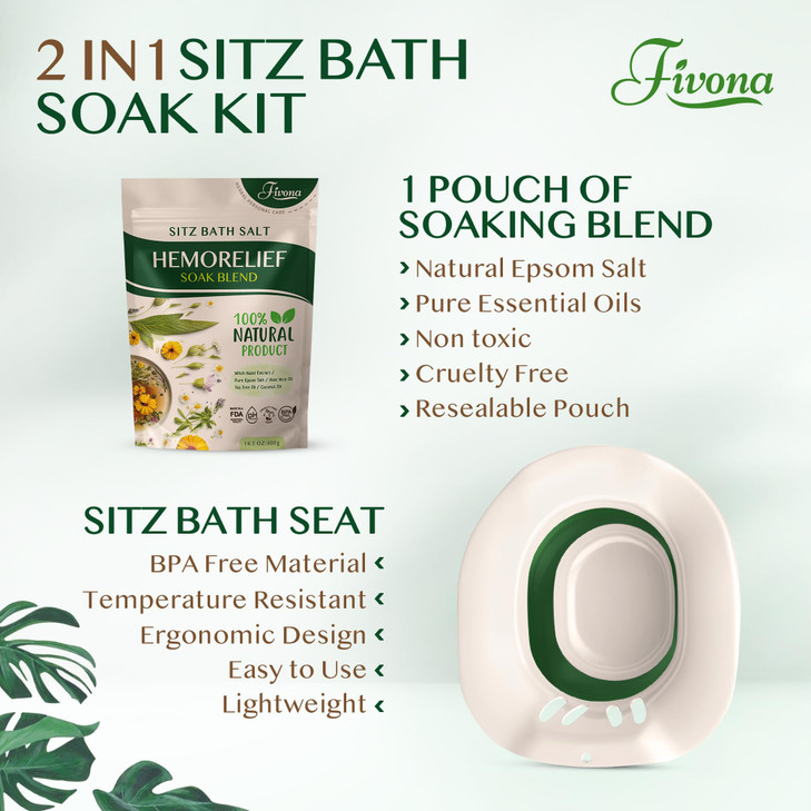 Fivona 2-in-1 Sitz Bath Soak Kit Over The Toilet Seat with Epsom Salt Blend with Essential Oils for Hemorrhoids and Postpartum Care Ideal for Perinea