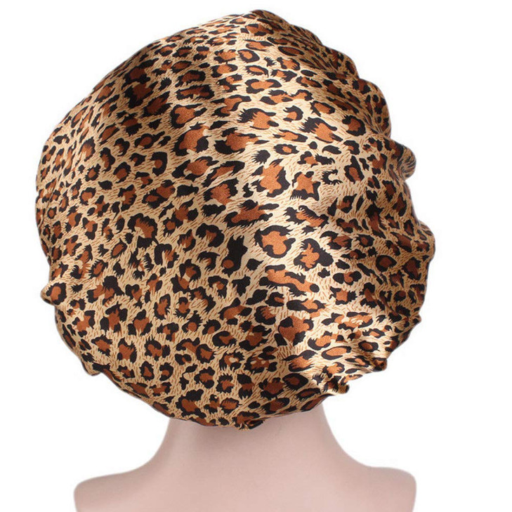 Tvoip 1Pcs Hair Satin Bonnet For Sleeping Shower Cap Silk Bonnet Bonnet Femme Women Night Sleep Cap Head Cover Wide Elastic Band (Leopard)