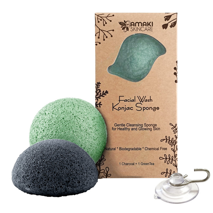 AMAKI SKINCARE Konjac Sponge Facial Cleanser with Added Green Tea and Activated Bamboo Charcoal-Sensitive to Oily and Acne Prone Skin Gentle Face Scr