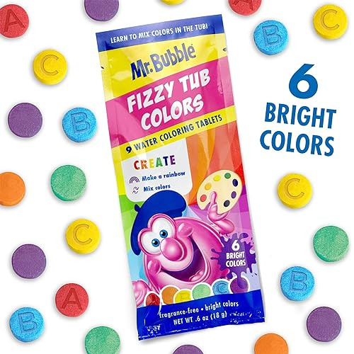 Mr. Bubble Fizzy Tub Colors Bath Water Coloring Tabelets, 6 Bright Colors, Red, Orange, Yellow, Purple, Blue and Green, Fragrance Free (12 Packets, 9