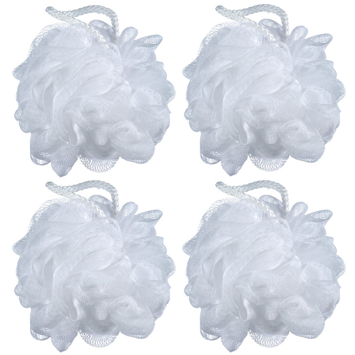 iboodi 60g/pcs White Mesh Bath Sponge Pouf Shower Loofahs Shower Puff Pack of 4 (White)