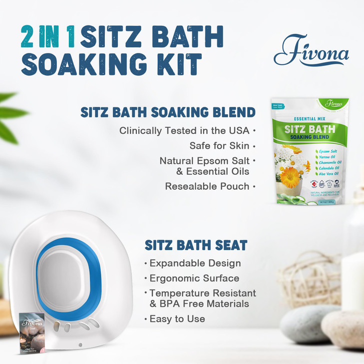 Fivona 2-in-1 Sitz Bath Soak Kit Over The Toilet Seat with Epsom Salt with Essential Oils Blend for Hemorrhoids and Postpartum Care Ideal for Perinea