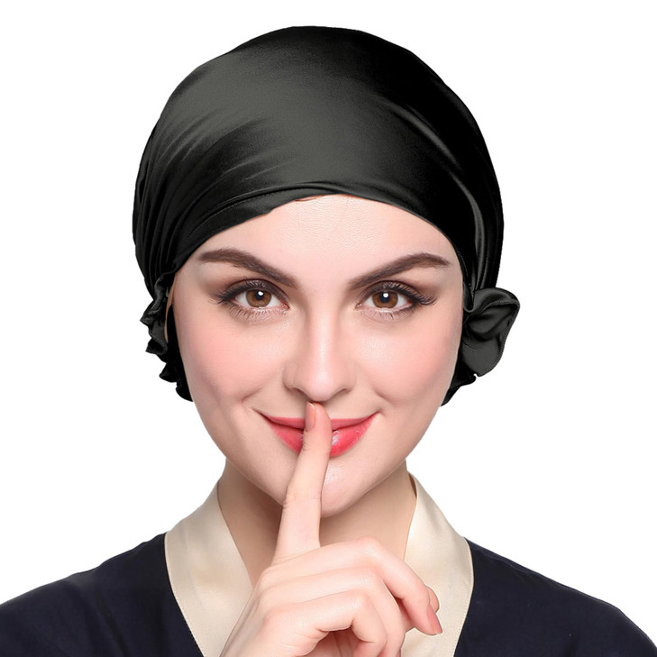 LilySilk Silk Bonnet for Sleeping Womens Sleep Cap 100% 19MM Mulberry Silk for Long Curly Hair Adjustable Stretchy Black