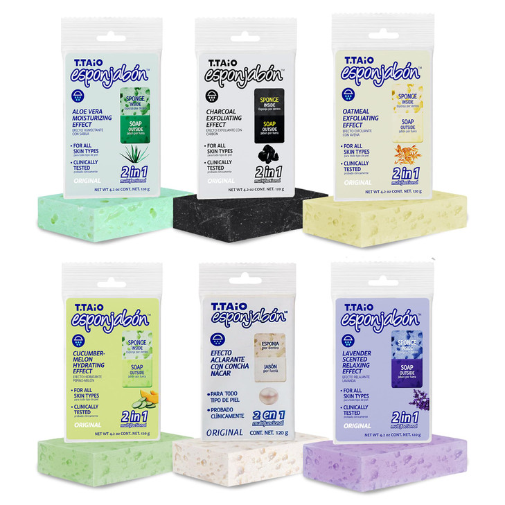 T.Taio Esponjabon Soap Sponge Variety Pack - Shower Scrubber & Bath Wash Scrub - Massage Face - Bathroom Accessories - Mother of Pearl, Aloe Vera, La