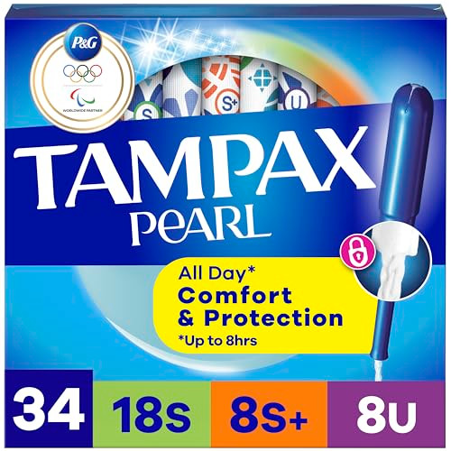 Tampax Pearl Tampons Multipack, with LeakGuard Braid, Super/Super Plus/Ultra Absorbency, Unscented, 34 Count