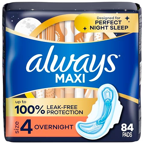 Always Maxi Overnight Pads with Wings for Women, Size 4, Overnight Absorbency, Unscented, 84 Count (3 Packs of 28)
