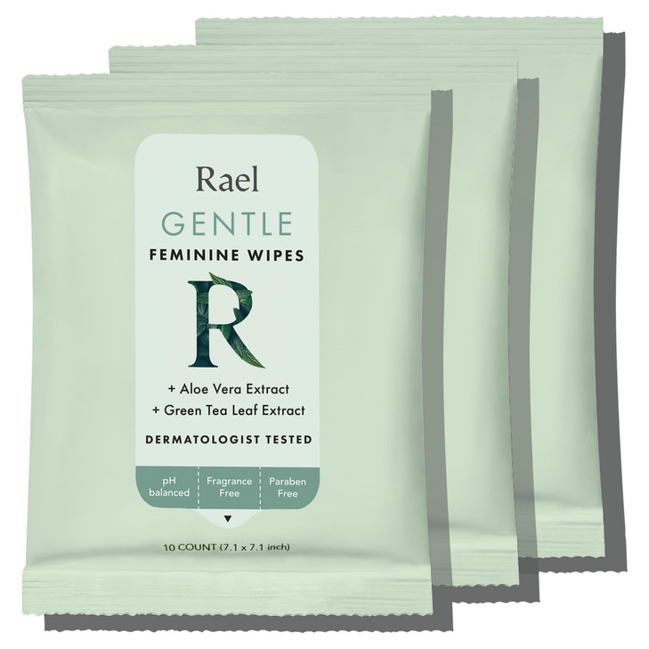 Rael Feminine Wipes, Flushable, Travel Size, All Skin Types, Daily Use (10 Count, Pack of 3)