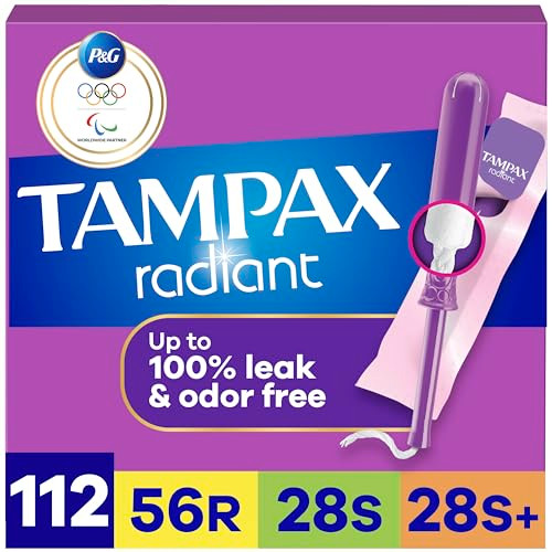 Tampax Radiant Tampons for Women Multipack, with LeakGuard Braid, Regular/Super/Super Plus Absorbency, Unscented, 112 Count (4 Packs of 28)