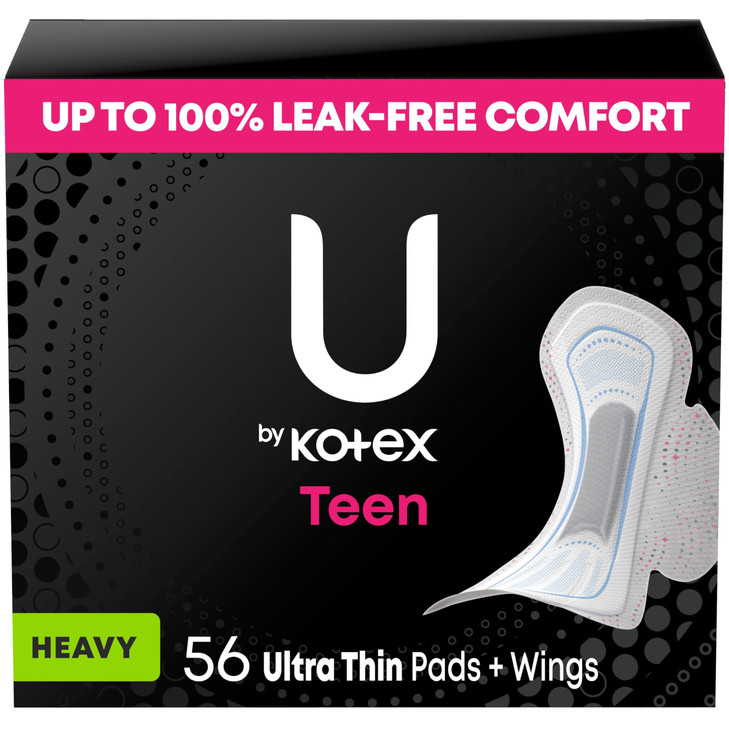 U by Kotex Balance Teen Ultra Thin Pads with Wings, Heavy Absorbency, 56 Count (4 Packs of 14) (Packaging May Vary)
