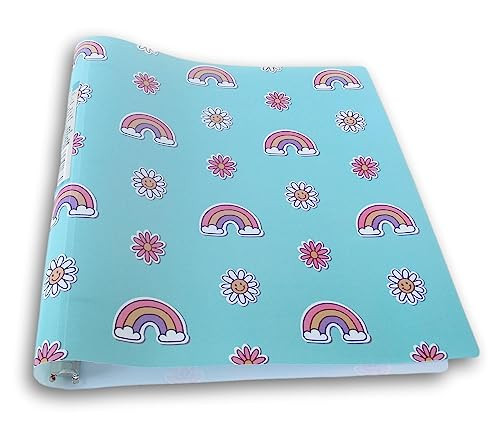Kids' Colorful Patterned Flexible Poly 3 Ring Binder (Daisies and Rainbows on Blue)