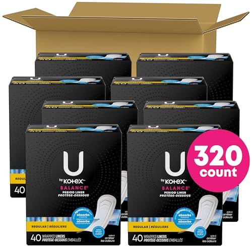 U by Kotex Balance Wrapped Panty Liners, Regular Length, 320 Count (8 Packs of 40) (Packaging May Vary)
