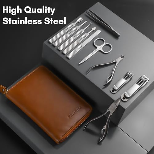 FAMILIFE Manicure Set, Professional Manicure Kit Nail Clippers Set 11 in 1 Stainless Steel Pedicure Tools Nail Kit Men Grooming Tool with Portable Br