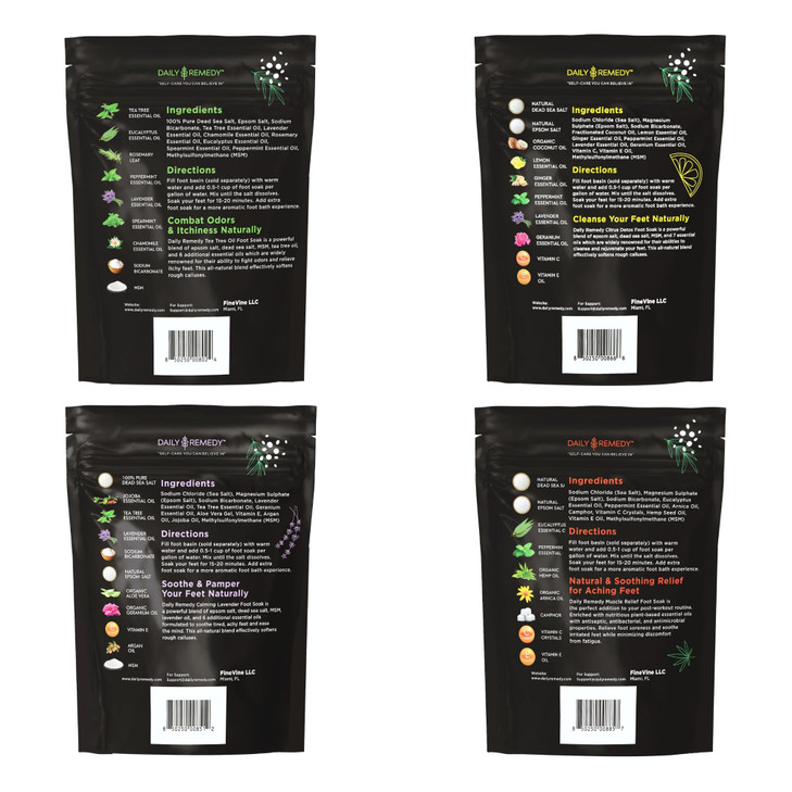 DAILY REMEDY Foot Soak Salts- Variety Pack of 4- Tea Tree Oil, Muscle Relief, Calming Lavender & Citrus Soak- For Foot Pain, Soreness, Athletes Foot