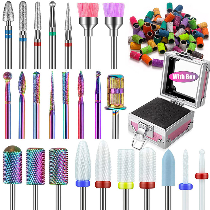 25Pcs Nail Drill Bits Set: 3/32 Tungsten Carbide Ceramic Diamond Cuticle Safety Professional Drill Bits Nail Tech with Pink Holder Case & 50Pcs Sandi