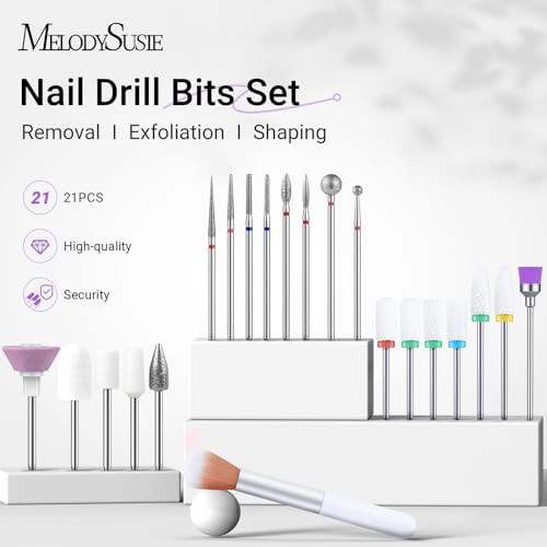 MelodySusie 21pcs Nail Drill Bit Set, Professional 3/32'' Ceramic Diamond Carbide Acrylic Gel Nail Art Tool Kit, Cuticle Remover Bit for Acrylic Gel