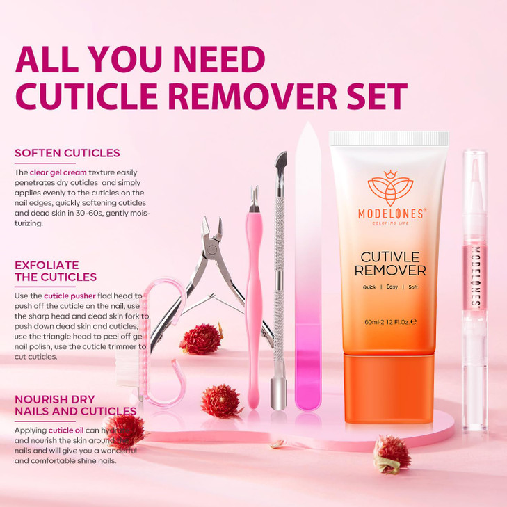 Modelones Cuticle Remover Kit - Cuticle Remover Cream & Cuticle Oil, Cuticle Care Kit w/Cuticle Trimmer Cuticle Pusher & Cuticle Nipper for DIY Nail