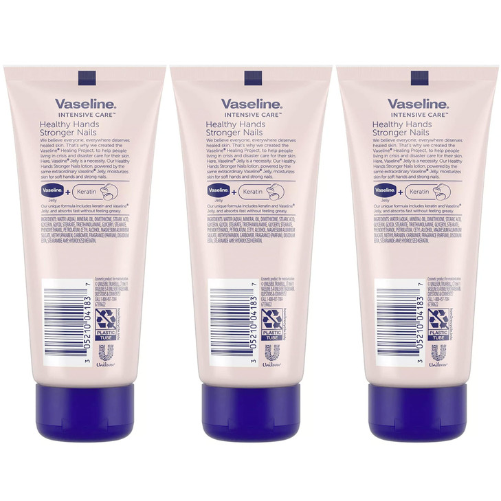 Vaseline Lotion, Healthy Hands Stronger Nails with Keratin 3-Pack  Intensive Care Hand Lotion with Petroleum Jelly, 3.4 Oz Ea