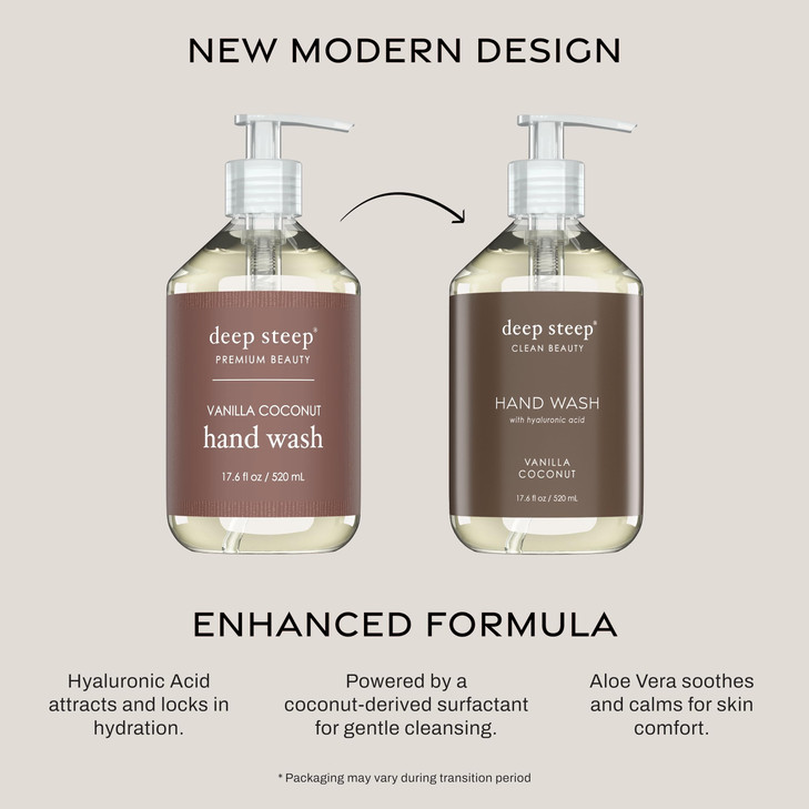 Deep Steep Liquid Hand Wash, Vanilla Coconut, 17.6 oz  Moisturizing Cleanser with Olive Oil, Aloe Vera, Glycerin & Hyaluronic Acid  Vegan, Clean Be