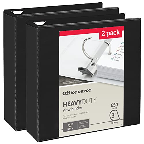 Office Depot® Heavy-Duty View 3-Ring Binder, 3" D-Rings, Black, 49% Recycled, Pack of 2